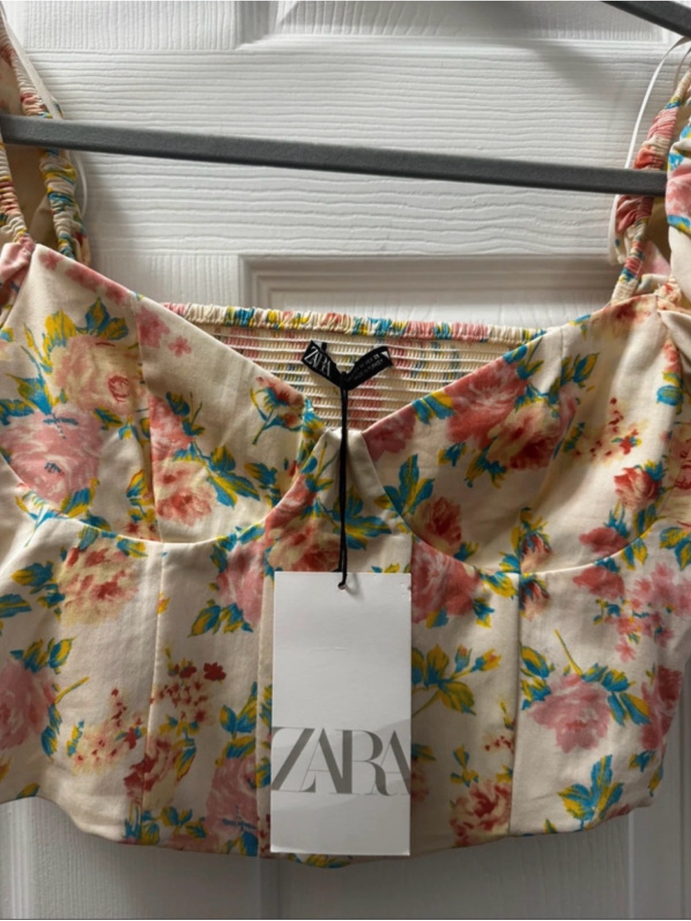 Zara Cream Floral Cropped Bustier Top with Pink & Teal Blossoms